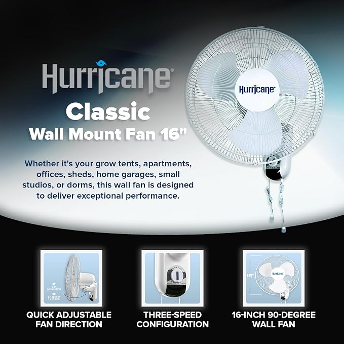 Hurricane 2-Pack 16" Classic Oscillating Wall Mounted Fan with 3 Quiet Speeds, White - Indoor Air Cooling Unit with Hanging Pull Cords for Home Garage, Office, Shed, and Grow Tents
