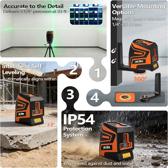 Lasers Level with Tripod, Green Self-Leveling lazer leveler tools | Dual laser modules with independent line control, self-leveling, USB-C rechargeable, tripod included, 164 ft pulse mode