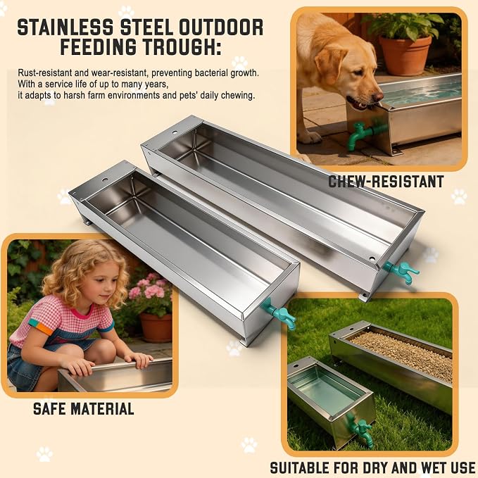 Automatic Livestock Water Trough 25 Gallons & 12 Gallons Livestock Feeding Trough Waterer Animal Stainless Steel Larger Automatic Waterer with Float Valve Kit for Goat Cattle Horse Hog Dog(2 Pack)