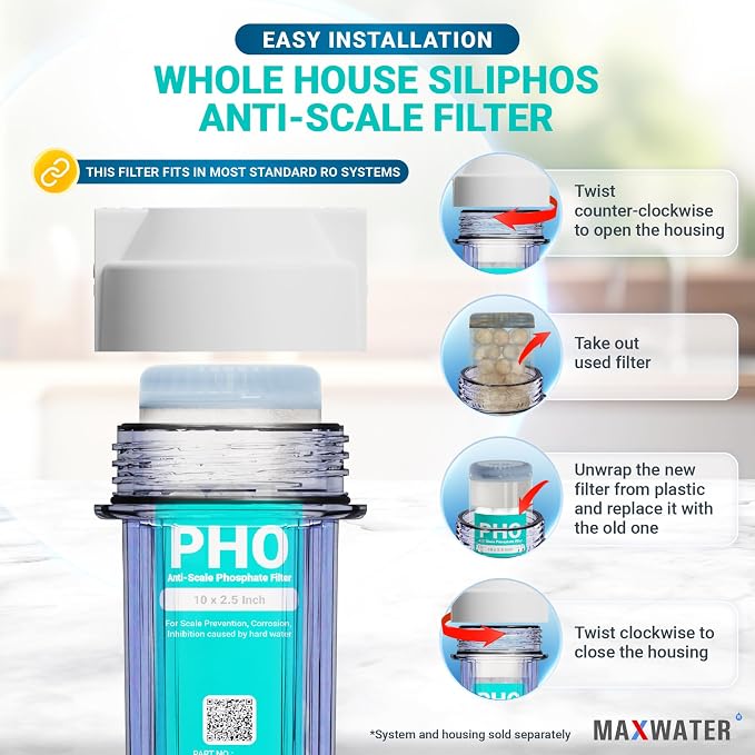 Max Water 10" x 2.5" Anti-Scale Water Filter Cartridge, Siliphos Polyphosphate (PHO) Replacement Filter, Fits Standard 10" Whole House Water Filtration System, Reduces Scale, Corrosion & Iron Staining