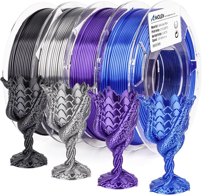AMOLEN Silk 3D Printer Filament Bundle, PLA Filament 1.75mm Pack, Shiny 3D Printing Filament for Most FDM 3D Printer, Black, Purple, Silver Grey, Sapphire Blue, 200g X 4