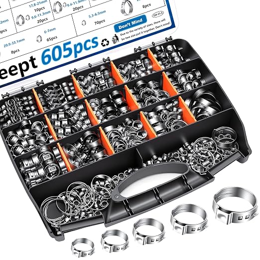 605Pcs 22 Sizes Single Ear Hose Clamps 5.3-33.1mm 304 Stainless Steel Crimp Hose Clamps Assortment Kit Perfect for Automotive/Home Appliance/Water Pipe and Fuel Line