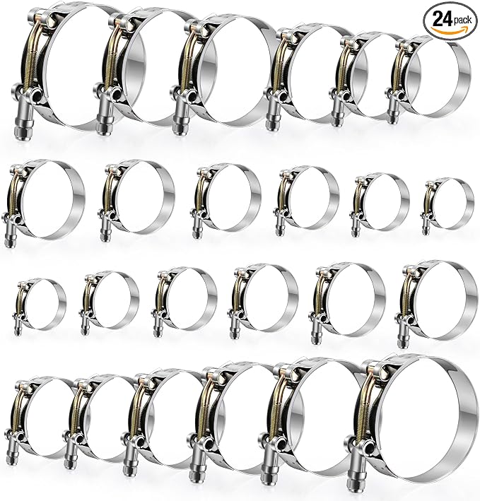 24 Pack 12 Sizes T-Bolt Hose Clamps, Stainless Steel_304 Working Range 28mm-116mm for 0.75"-4" Hose ID, Turbo Intake Intercooler Clamp for Automotive