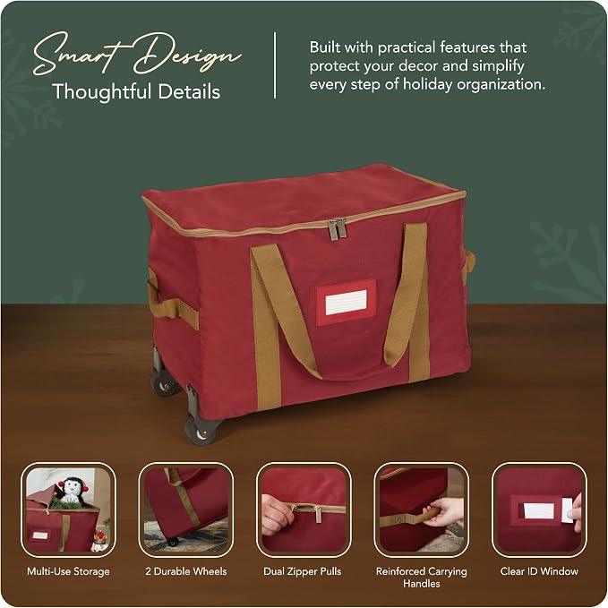 Covermates Keepsakes Rolling Treasurekeeper Storage Bag – Heavy-Duty Polyester with Dual Wheels & Handles – Protects Holiday Decorations with ID Window & Dual Zipper Access, Red
