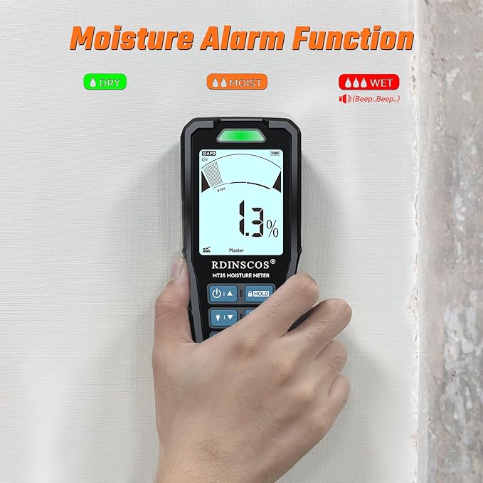 RDINSCOS Rechargeable Pinless Moisture Meter for Drywall | 19mm Depth,Non-Destructive Moisture Tester,Auto Alarm for Wood, Wall, Flooring & Building Materials, Home DIY Inspection