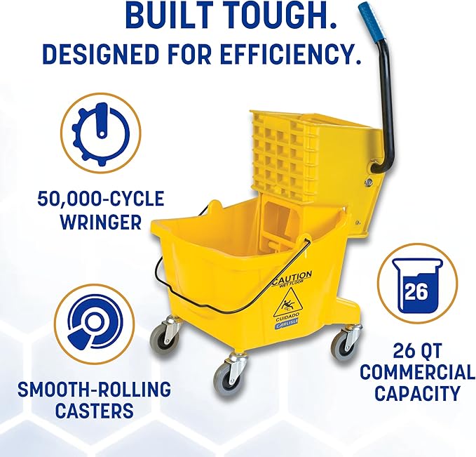 Carlisle FoodService Products Sparta Commercial Mop Bucket with Side Press Wringer, 26 Quart, Polypropylene, Yellow, 1 Count