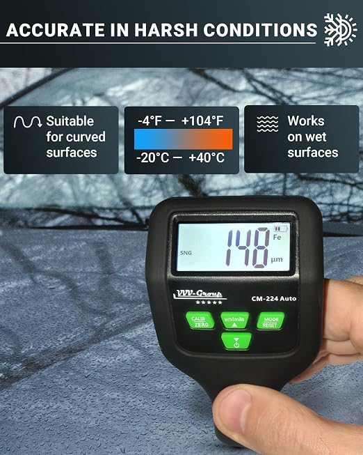 Paint Thickness Gauge CM-224 Auto – Digital Coating Thickness Meter for Cars and Automotive Inspection, Fe / Al / Fe+Zn Detection, 0.1 μm Resolution, Factory Calibrated, Large Backlit LCD