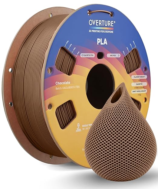 OVERTURE PLA Filament 1.75mm, Neatly Wound 3D Printer Filament 1kg Spool (2.2lbs), Dimensional Accuracy +/- 0.02 mm, Fit Most FDM 3D Printers (Chocolate)