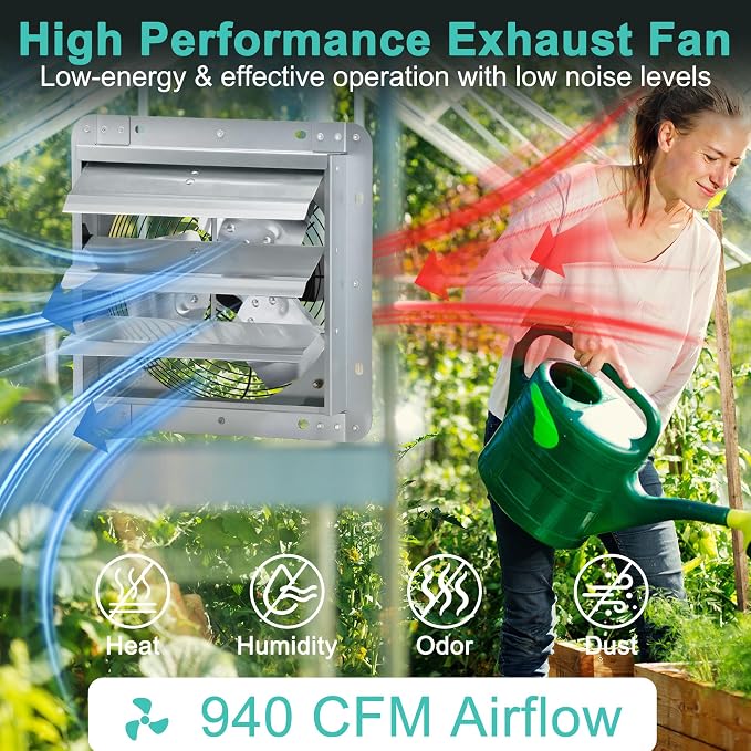 12 Inch Shutter Exhaust Fan with Speed Controller and Power Cord, Wall Mount Attic Fan for Greenhouses, Sheds, Garages, Chicken Coops, Barns Ventilation, 970 CFM