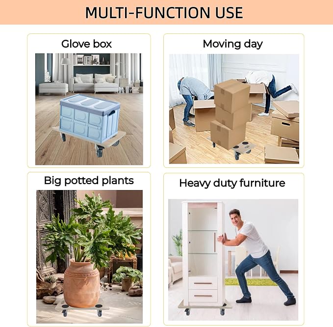 Furniture Dolly 4 Wheels, Furniture Movers, 2 Packs 2200 lb Load Capacity Heavy Duty Real Wood Dolly, Multifunctional Moving cart with 4 Soft Rubber Silent Wheels （2 with Brake+ 2 Without）