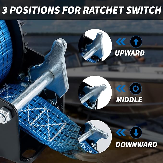 2000lbs Heavy Duty Boat Trailer Winch with 26FT Strap, 2-Way Ratchet & 4:1 Gear Trailer Winch, Portable Hand Crank Winch for Boat, Truck, Trailer, RV, ATV, Jet Ski