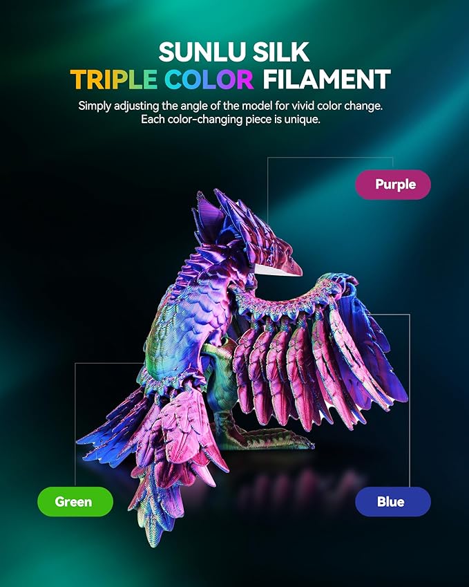 SUNLU Silk Triple Color PLA Filament, Silk PLA 3D Printer Filament 1.75mm, Neatly Wound Shiny Silk 3D Printer Filament 1.75mm ±0.02mm, 1KG Spool (2.2lbs), Silk Triple Color (Black Gold Purple)