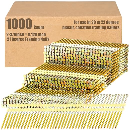 Pasimy 1000 Per Box 2-3/8 x 0.120 Inch Framing Nails 21 EG Degree Smooth Shank Plastic Collated Galvanized Full Round Head Framing Nails