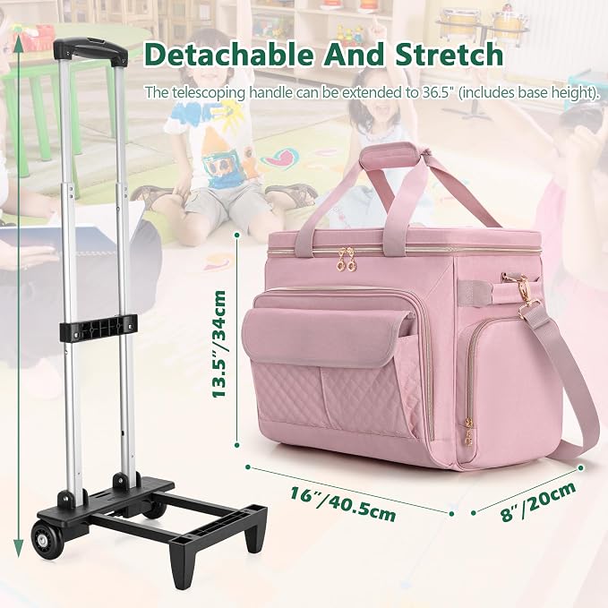 LUXJA Rolling Teacher Bag with Laptop Compartment and Detachable Dolly, Multifunctional Rolling Briefcase with Accordion File Area (Patented), Pink