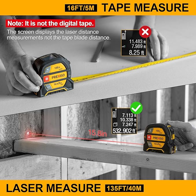 PREXISO 2-in-1 Digital 135Ft Rechargeable Laser Tape Measure & PREXISO Laser Level with Tripod, 65Ft Self Leveling Cross Line