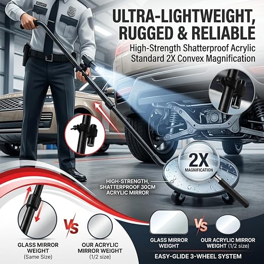 Under Vehicle Inspection Mirror with Light, Under Car Mirror 12 Inch Adjustable Angle Telescoping Handle Magnifying Vehicle Security Tool, Portable Convex Search Mirror with Carry Bag