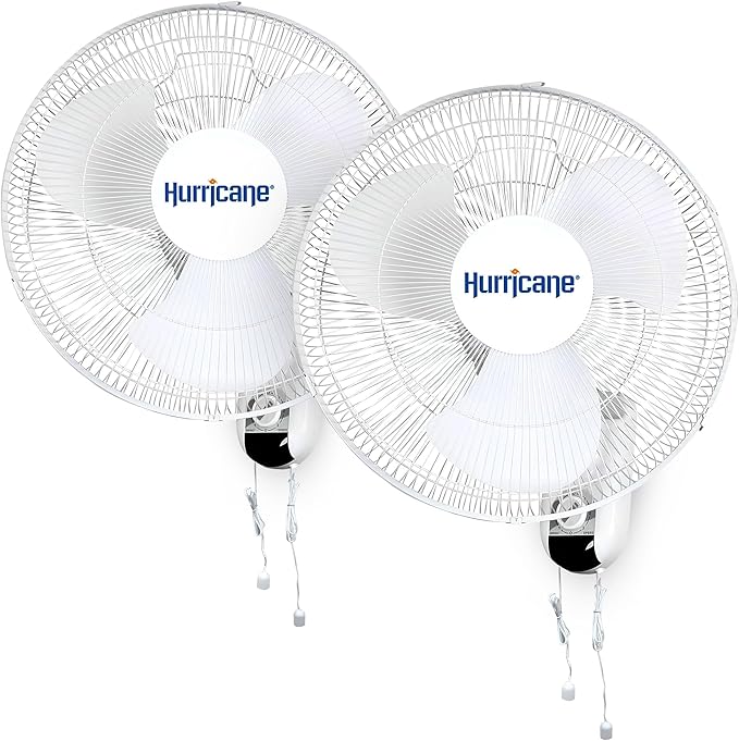 Hurricane 2-Pack 16" Classic Oscillating Wall Mounted Fan with 3 Quiet Speeds, White - Indoor Air Cooling Unit with Hanging Pull Cords for Home Garage, Office, Shed, and Grow Tents