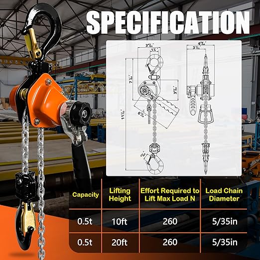 Mini Lever Chain Hoist - 1/2T 1100LBS 10FT,Manual Lever Bolck Chain Puller Come Along Tool, Alloy Steel G80 Chain Ratchet with 2 Duty Hooks,Portable and Smooth, for Lifting,Bundling and Dragging