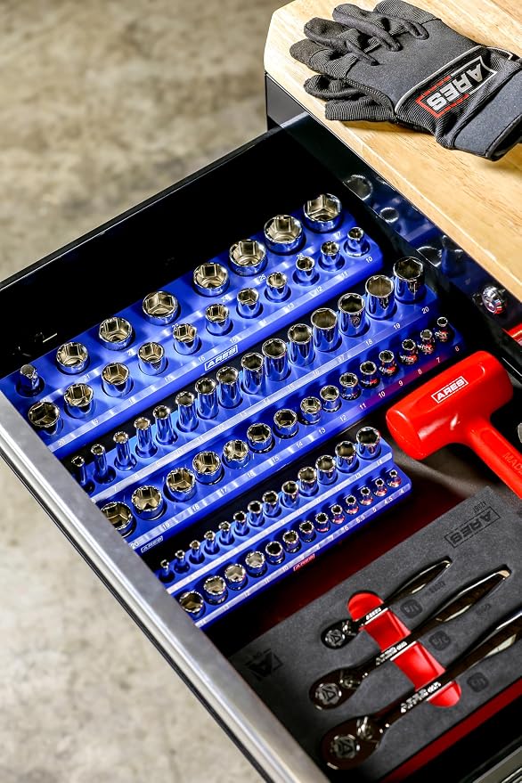 ARES 60036-3-Piece Blue Metric Magnetic Socket Organizer Set - Includes 1/4-Inch, 3/8-Inch, and 1/2-Inch Socket Holders - Holds Standard Size and Deep Size Sockets - Keeps Your Tool Box Organized