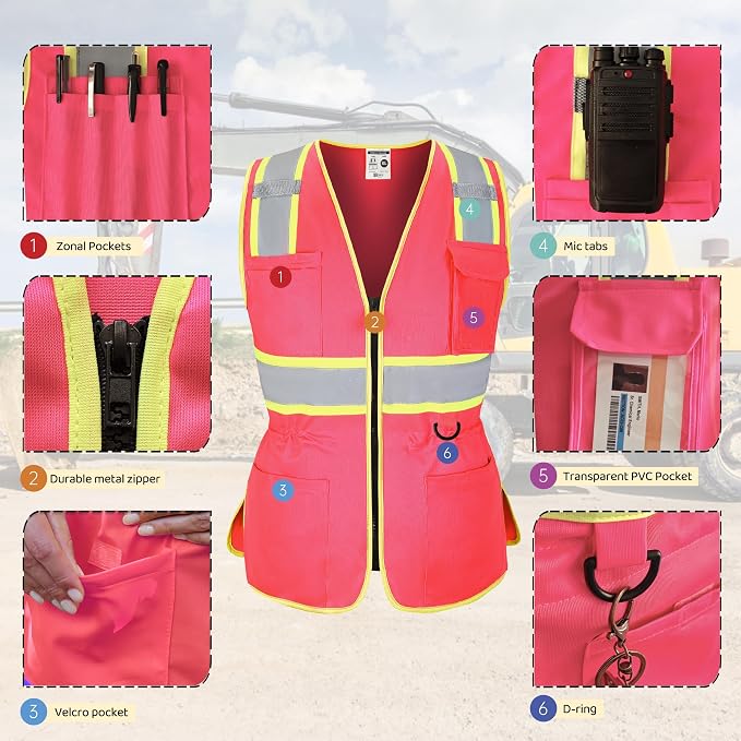 FATONE Women's ANSI Class 2 High-Vis Safety Vest with Reflective Strips, Zipper Pockets & Adjustable Waist - Pink/Yellow Construction Work Vest for Warehouse Personnel, Road Crews XS