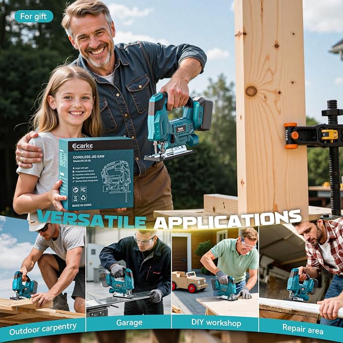 Ecarke Cordless Jig Saw Compatible With Makita 18V Battery, 4 Orbital Sets, 6 Variable Speeds Control, Dust-Blowing, ±45° Bevel Cuts, LED Light and 6PCS Blades For Straight Curve Cutting, Tool Only