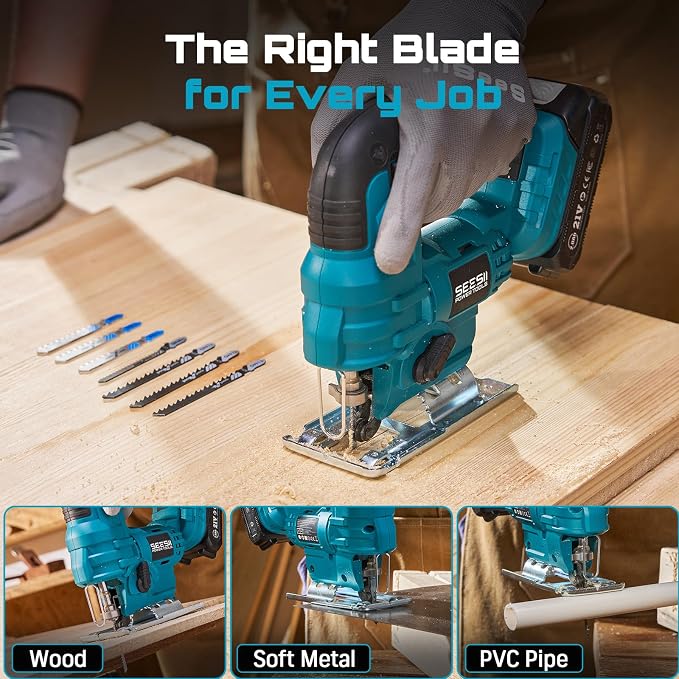 SEESII Jig Saw, Cordless Jigsaw Tool with 2×2.0Ah Batteries and Charger | ±45° Bevel Cuts, 4 Orbital for Wood Metal PVC Cutting, Variable Speed, with 9 Blades, LED Light, Safety Lock, Storage Bag