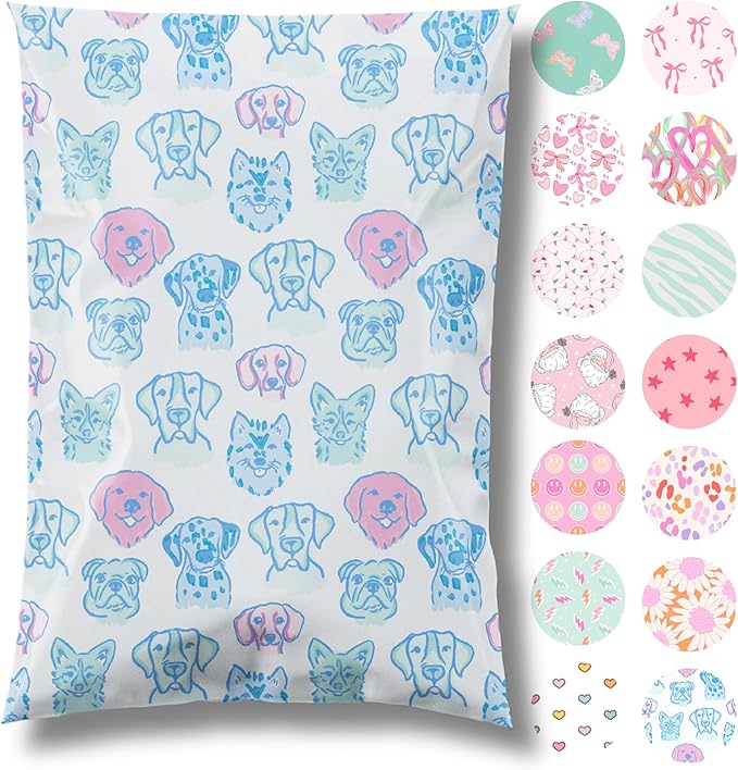 Pretty Package Store Designer Poly Mailers, 14.5x19, Pretty Pups, 100 Pack | Heavy Duty, Waterproof, Self Seal, Tear Resistant, Shipping Bags for Small Business Packaging, Bulk Mailing Envelopes