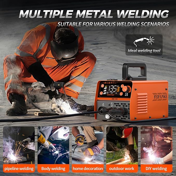 FEIFANKE 135A MIG Welder, 110V Flux Core MIG/Stainless Flux MIG/Stick/MMA/Lift TIG 4 In 1 Welding Machine with Large LED Display Mini IGBT Synergy Inverter Welder for Beginners & Professionals
