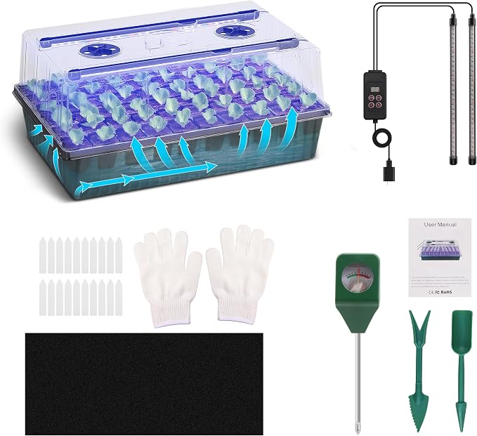 Seed Starting Tray - 60-Cell Self-Watering Tray, Seed Starter Kit LED Grow Light, Timer, Humidity Dome, pH Meter for Plant Germination, Vegetables, Herbs, Flowers