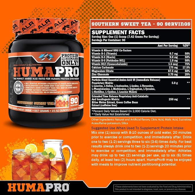 ALR Industries HumaPro Essential Amino Acid Formula | EAA Protein Supplement | Supports Muscle Recovery & Performance | Vegan, Gluten Free | 90 Servings (Southern Sweet Tea)