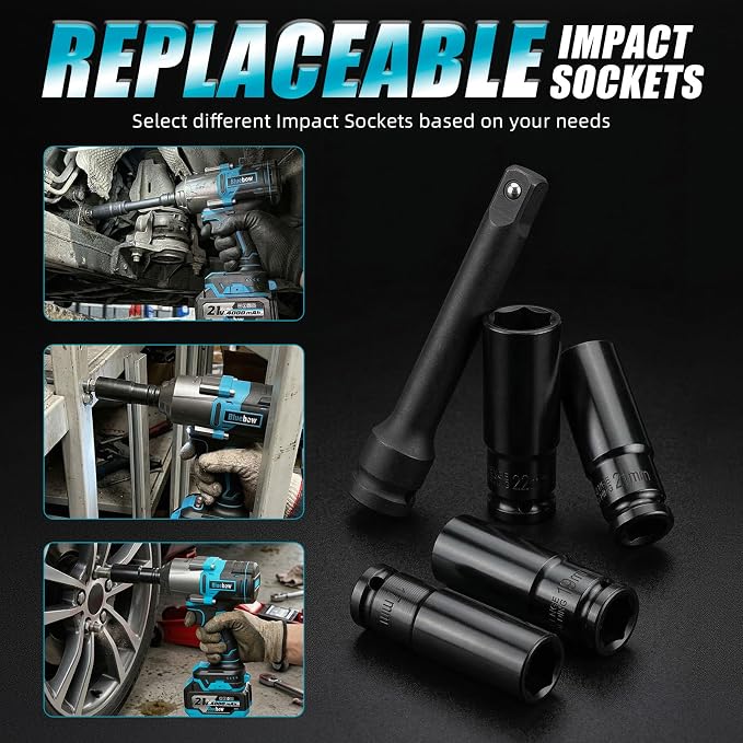Bluebow Cordless Impact Wrench, 737.5 ft-lbs (1000 N·m) Brushless Impact Wrench with 2x4.0Ah Battery, 1/2" 3-Speed Modes Impact Gun with 4 Sockets for Pickup, Truck, Home Car