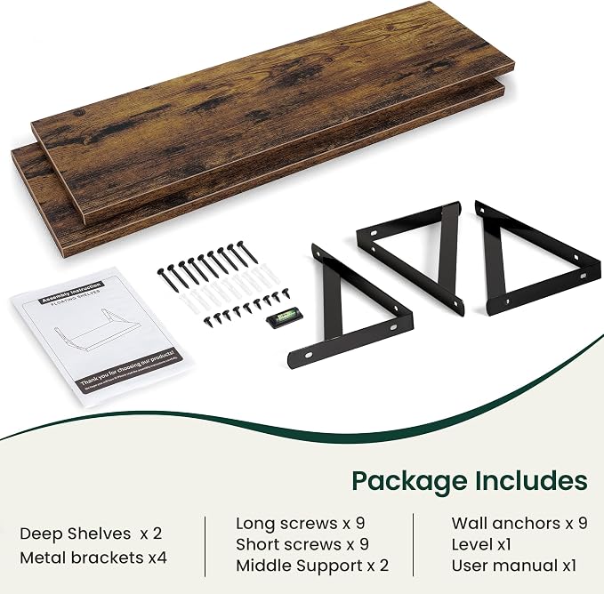 Floating Shelves 12 Inch Deep, 48W x 12D Wall Shelf Set of 2, 70 lbs Heavy Duty Reversible Metal Brackets, Industrial Book Shelf for Living Room Kitchen Bath Bedroom Coffee Bar, Rustic Brown