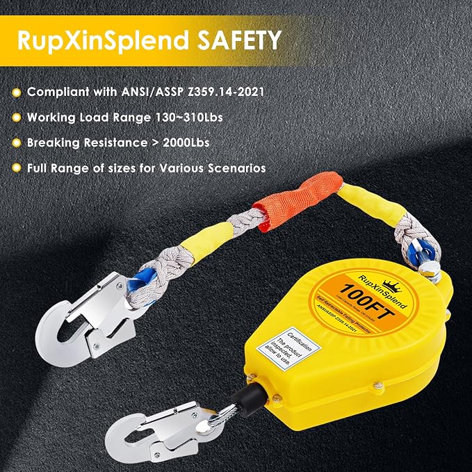 Fall Arrester Protector Self Retractable 100FT Fall Protection Gear Double Locking, Dual PPE+Alloy Steel housing Heavy Duty Lifeline Safety Lanyard Rope Cable Wire Roofing Construction
