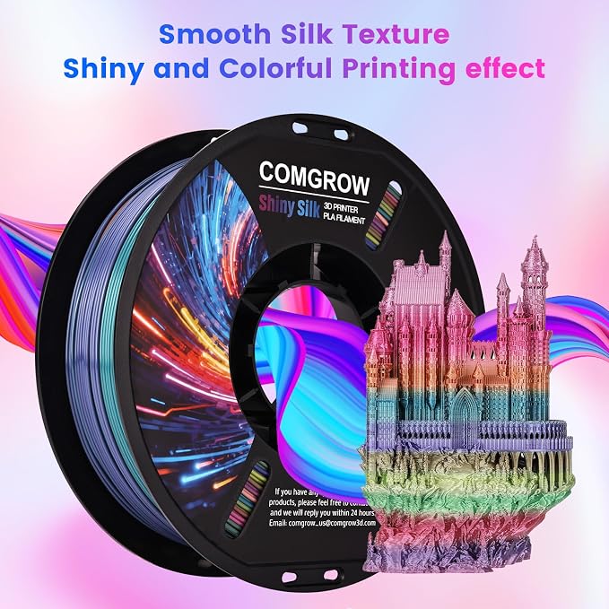 Comgrow Rainbow Colors Silk PLA 3D Printer Filament, PLA Filament 1.75mm, Dimensional Accuracy +/- 0.02 mm, 1KG Spool, Coextrusion 3D Filament with Shiny Silk Rainbow Red
