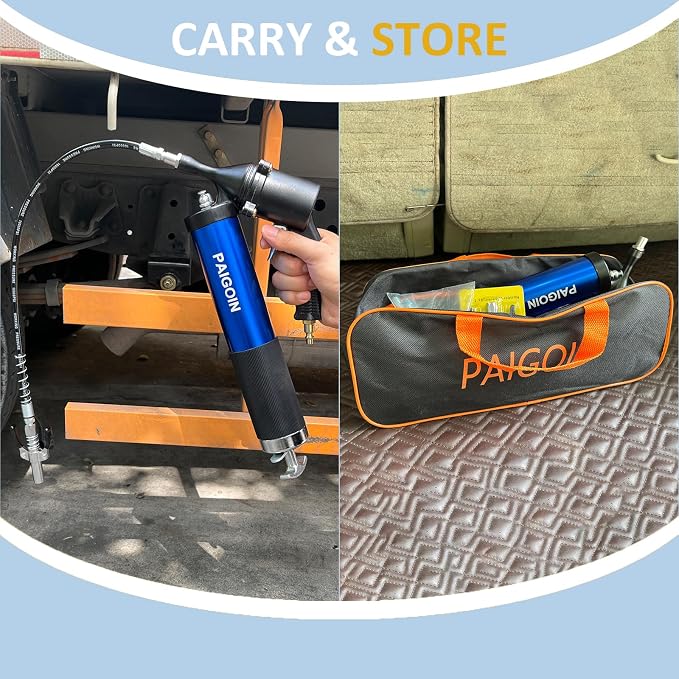 Pneumatic Grease Gun Kit 6000 PSI Heavy Duty 14 OZ Pistol Grip Grease Guns with 19" & 28" Spring Flex Hose,Quick Release Coupler,90 Degree Adapter,2 Needle Tips,2 Nozzles,2 Extension Tubes
