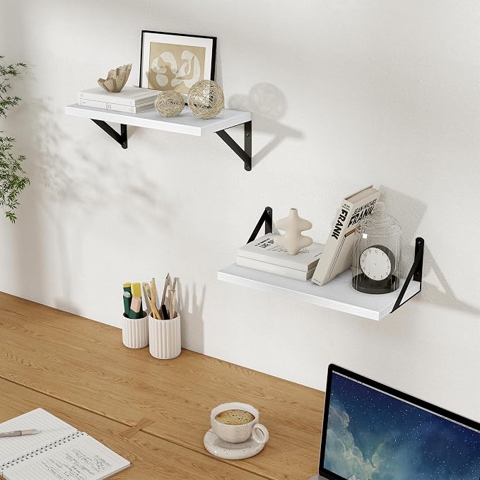 Floating Shelves 8 Inch Deep, 16W x 8D Wall Shelf Set of 2, 35 lbs Heavy Duty Reversible Metal Brackets, Industrial Book Shelf for Living Room Kitchen Bathroom Bedroom Gallery Wall, White