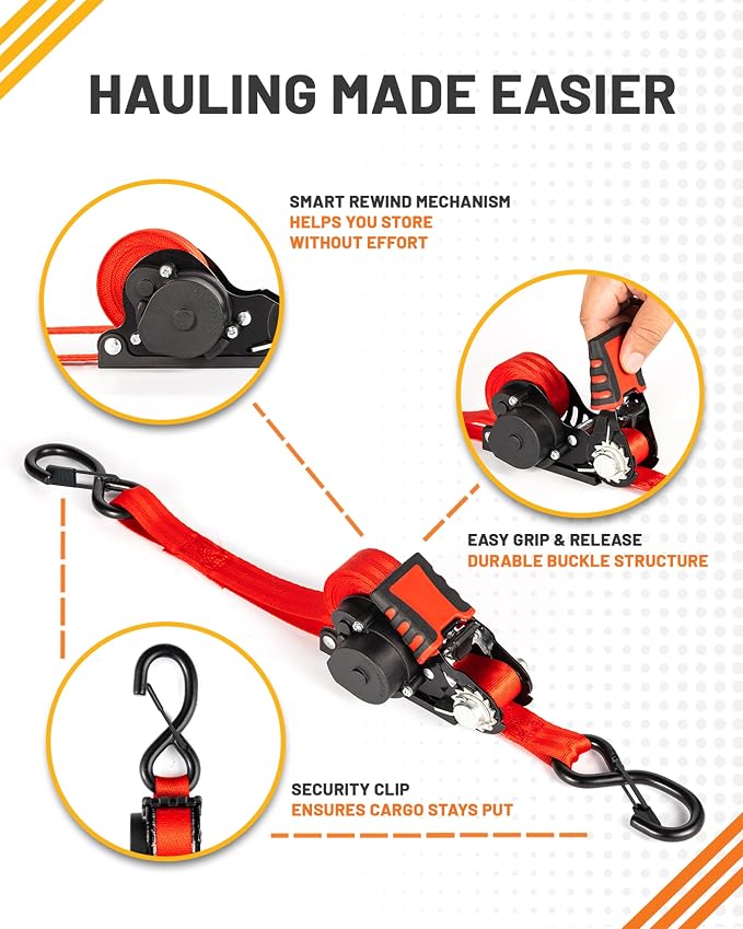 Strapinno Retractable Ratchet Straps - 1 in x 12 ft Heavy Duty Tie Downs, 1800lbs Breaking Strength Each, S Hooks with Safety Clip, AutoRetract, for Moving, Motorcycle, Boat, Kayak, and Cargo (4 PCS)
