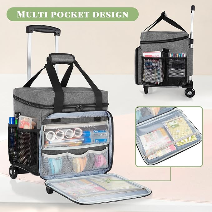 LUXJA Rolling Scrapbook Tote, Scrapbook Bag with Detachable Dolly (Patented Design), Gray