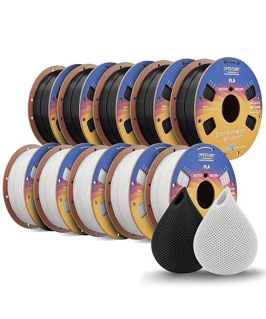 OVERTURE 10KG Bundle High Speed PLA Filament 1.75mm, Neatly Wound 3D Printer Filament 10 Pack 1kg Spool (2.2lbs) Rapid PLA, Fit Most FDM 3D Printers (Black*5 & White*5)