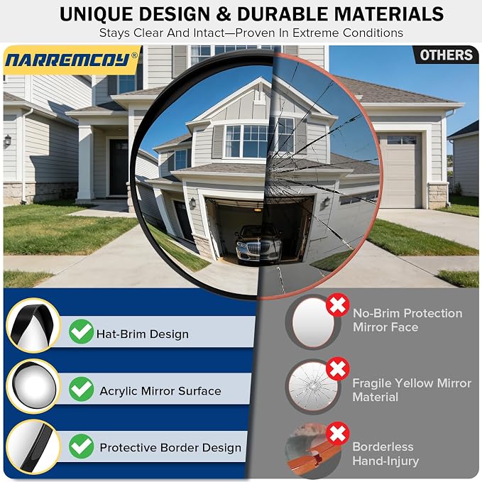 New 24 Inch Acrylic Convex Mirror with Rain-shield - Adjustable Wide Angle View Traffic Mirror Indoor Outdoor, Wall Mounting Blind Spot for Garage Warehouse, School, Store Safety and Office