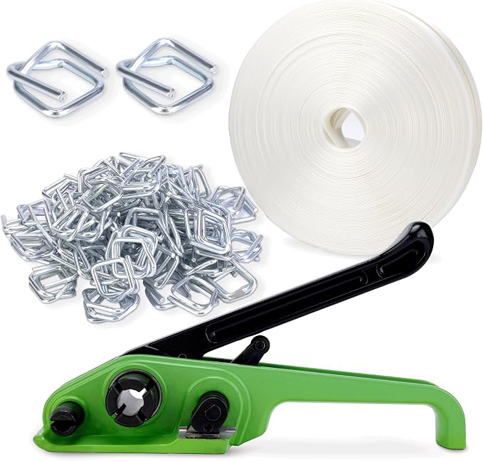Banding Strapping Kit Pallet Packaging Strapping Tool Set,Upgraded Strapping Tensioner，3/4" x 330' Heavy Duty Woven Cord (2500 LBS Break Strength), 100 Metal Wire Buckles