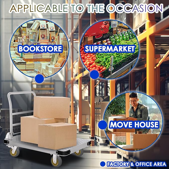 Platform Truck Heavy Duty Push Cart Dolly with 6'' Wheels 2000 LBS Capacity Steel Large Flatbed Cart Foldable Platform Dolly for Groceries, Garage, Warehouse, Equipment (36" X 24")