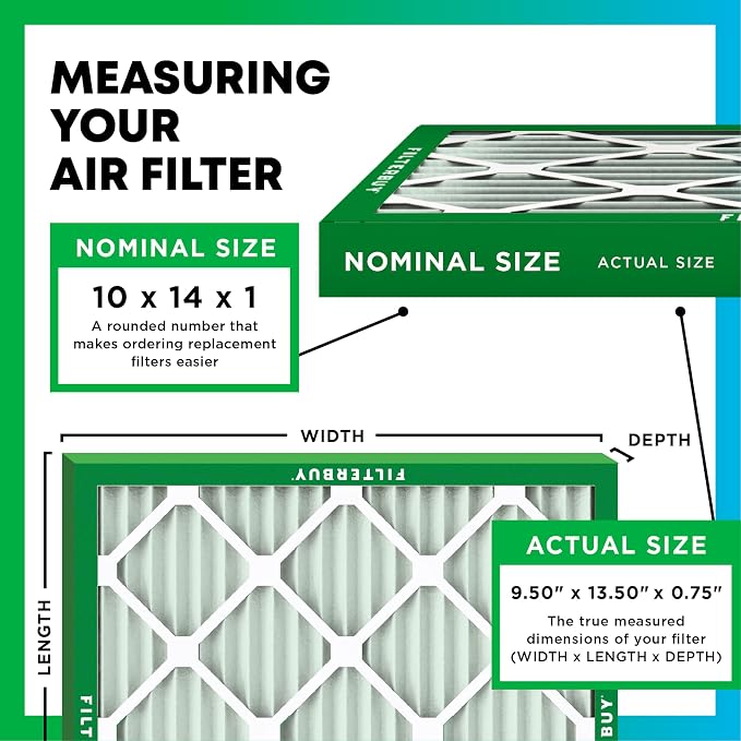 Filterbuy 10x14x1 Air Filter MERV 8 Essential Dust & Allergy Defense (12-Pack), Electrostatic Pleated HVAC AC Furnace Filters Replacement, Made in USA (Actual Size: 9.50 x 13.50 x 0.75)
