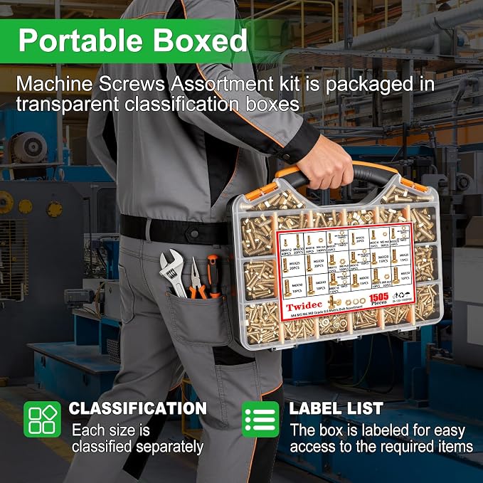Twidec/1505PCS Metric Bolt Assortment M4/M5/M6/M8 Length from 12-40mm Grade 8.8 Hex Head Nuts and Bolts Assortment Kit,Heavy Duty Bolts and Nuts Kit, Flat & Spring Lock Washer Gold Zinc Plating