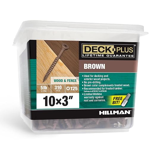 Deck Plus 3 Inch Epoxy Coated Exterior Wood and Fence Screws #10 x 3 Torx/Star Drive Included Coarse Thread, Outdoor Rust Resistant Decking Screw, Brown, 5 lb Box, 310 Pieces | 49009