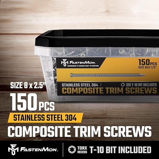 Composite Trim Screws, #8 x 2-1/2” Stainless Steel 304, 150pcs | Hidden Fastener For PVC & Wood, Outdoor Deck, Exterior & Finish Fasteners, Rust-Resistant, T-10 Star Drive, 1.1lbs