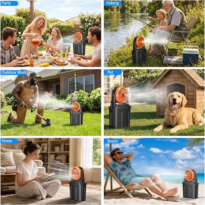 Ausic 1.35 Gal Portable Misting Fan, Outdoor Fans for Patios, [Max 30H] Rechargeable Battery Operated Fan, Bucket Mister Water Cooling Fan for Camping/Travel/Beach, 2 Large Spray Outlets