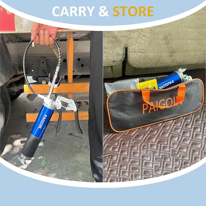 Grease Gun Kit 8000 PSI Heavy Duty 14 OZ Pistol Grip Grease Guns with 19" & 28" Spring Flex Hose,Quick Release Coupler,90 Degree Adapter,2 Needle Tips,2 Nozzles,2 Extension Tubes