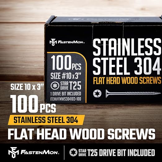 304 Stainless Steel Deck Screws, #10 x 3, 100 PCS | Torx Flat Head Type 17 Point with T25 Bit, Ideal for Outdoor Wood Projects, Fences, Benches, Picnic Tables, Decks, Bulk Box