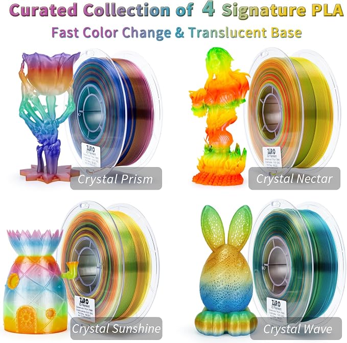 ZIRO Fast Color Changing PLA Bundle, Transluent Multicolor Filament 1.75mm, 3D Printing Material, Crystal Series 1kg x 4 Spool, Dimensional Accuracy +/-0.03mm, Fit Most 3D Printers, 4 Pack
